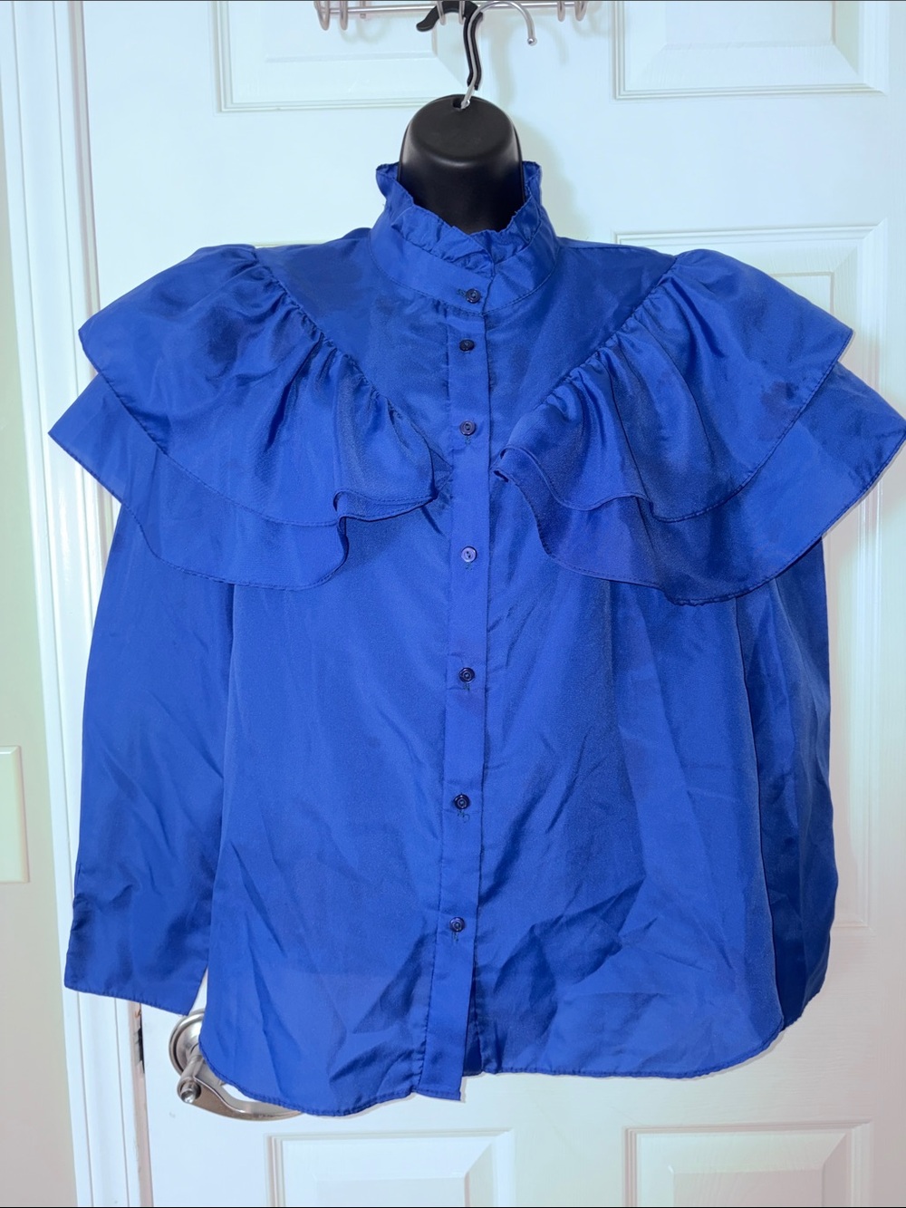 Royal Blue Ruffled Button-Up Blouse